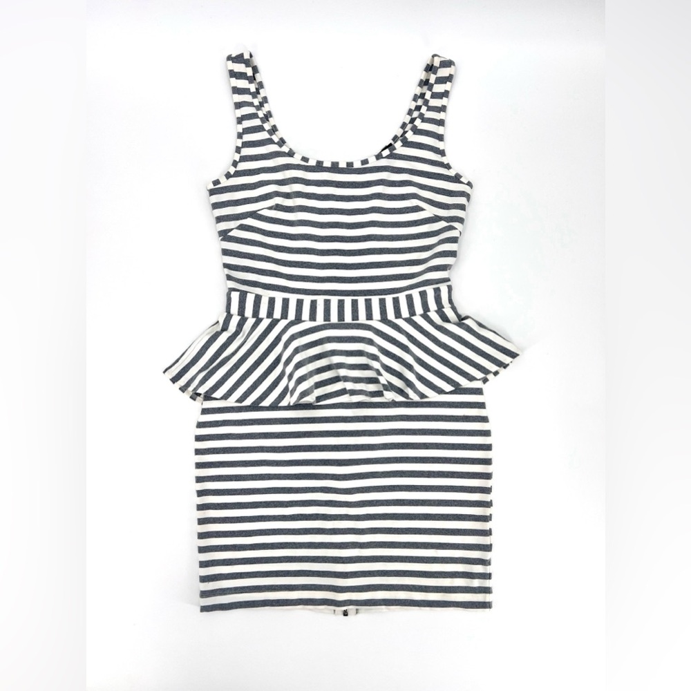 Bebe Gray and White Striped Peplum Nautical Mini Dress